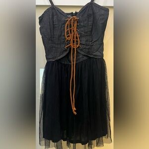 Q Elegant Black Denim Black Tulle Skirt with Lace-Up Detail Size Medium